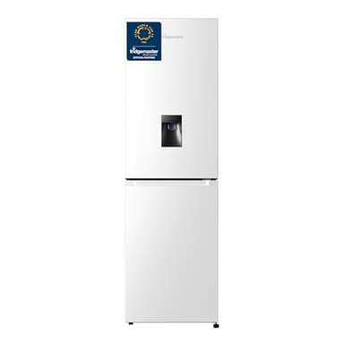 Fridgemaster MC55251DE 55cm Freestanding 256 litre 50/50 Fridge Freezer with Non-plumbed Water Dispenser - Frost Free - LED Lighting- 4 Star Freezer Rating -White - E Rated, H182.4 x W55 x D55.7 (cm)