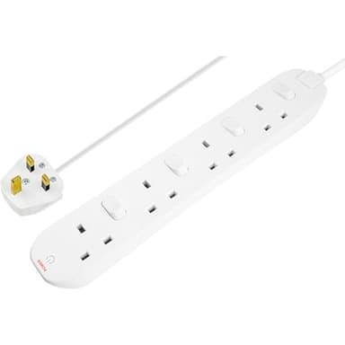 Masterplug Four Socket Extension Lead with Individual Switches, Power and Surge LED Indicators, 2 Metre Cable, 4-Way Plug Extension Cable, Power Strip, White, 13A, 4G, 2m, SWC4210N