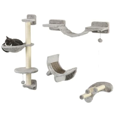 PawHut 4 Piece Cat Wall Furniture With Hammock, Scratching Posts, Soft Ladder, Steps, Jump Platforms, and Shelves for Indoor Cats - Grey