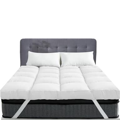 Linens World Mattress Topper Double Bed - 10CM Extra Thick Double Mattress Topper - 1000GSM Filling Fiber - Luxurious Comfort, Hypoallergenic, Elastic Straps Deep Pocket Thick