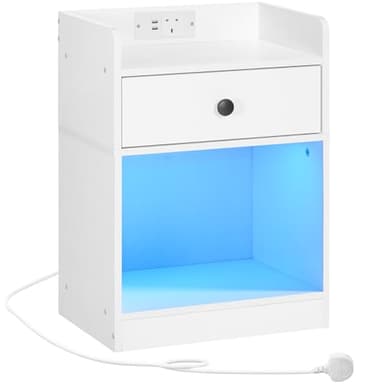 HOOBRO Bedside Table with Charging Station and LED Lights, Side Table with 1 Outlet and 2 USB Ports, Nightstand for Living Room, Bedroom, White EWT18KDBZ01G1