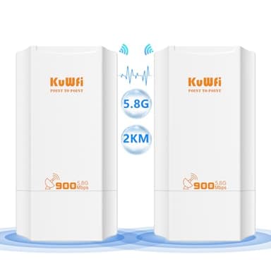 KuWFi 5.8G Outdoor Point to Point WiFi Bridge with 12dBi Antenna 2KM Long Range Wireless Bridge, 900Mbps CPE Outdoor WiFi Extender for PTP, PTMP, Outdoor Access Point 24V PoE,2 RJ45 Ethernet Port