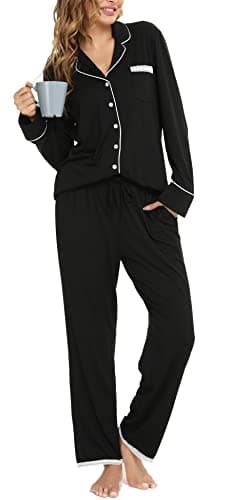 Vlazom Pyjamas Set for Women, Soft Two Pieces Pjs Sets Long Sleeve Button Down Tops and Pants Sleepwear Loungewear with Pockets,Black,M