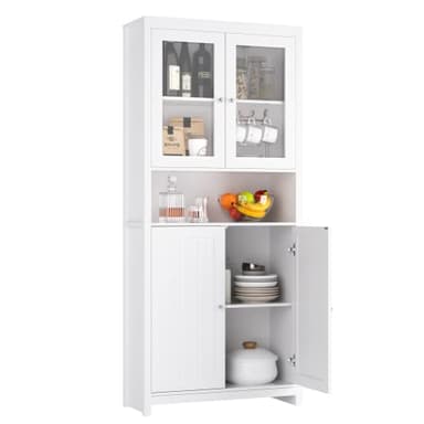 FOREHILL 190cm Kitchen Cupboard Display Cabinet Tall Storage Cabinet Living Room Bookcase Larder Cupboard with 2 Glass Doors White Wooden