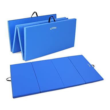 Lions Gymnastics Mat 5cm Thick - 6FT/8FT Tri Fold Exercise Crash Gymnastic Mat with Carry Strap, High Density Foam, Non Slip Soft PU Leather Surface for Tumbling Pilates Training Workout (Blue)