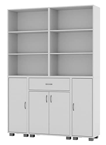 URBNLIVING Large Tall Freestanding Bookcase 6 Shelves 4 Doors 1 Drawer Bookshelf Shelving Cupboard Display Unit for Living Room Home Office Bedroom (White)