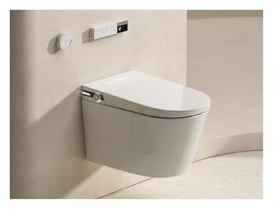 MEJE #T010G - New Smart Wall Hung Toilet Combo, with Built in Bidet, Heated Seat, Warm Air Dryer,Auto Flush, Auto Open and Close, Remote Control, Night Light, White (Include in-Wall Carrier)