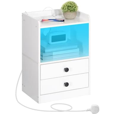 HOOBRO Bedside Table with Charging Station, Side Table with Adjustable LED Lights, Nightstand with 2 Drawers for Bedroom, Living Room, Cloakroom, Modern Style, White EWT28KDBZ01G1