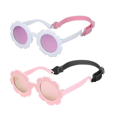EOAMGO Baby Sunglasses, Toddler Sunglasses 0-24 Months，2 PCS Boy Girls Polarised Sunglass with Kids Glasses Strap, Cute Flower Uv400 Protection Sunglass for Newborn Infant Girls Boys, Pink & White