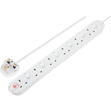 Masterplug Six Socket Extension Lead, Surge Protection, Individual Switches, Power and Surge LED Indicators, 2 Metre Cable, 6-Way Plug Extension Cable, Power Strip, White, 13A, 6G, 2m, SWSRG6210N
