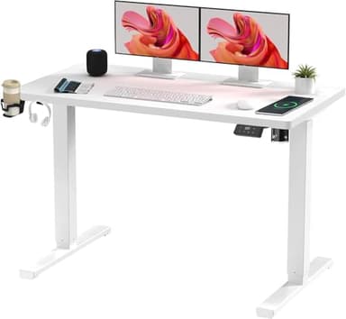 SANODESK QS+110 * 60 Electric Standing Desk ONE PIECE Height Adjustable Standing Desk With Memory Smart Panel Sit Stand Table With Hooks and Cupholder for Home Office (White Frame+ White Desktop)