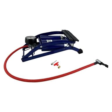 Sakura Twin Cylinder Foot Pump PG270 TWN – 52 cm Hose, Thumb Lock Connector, Pressure Gauge, 3 Valve Adaptors, Blue - For Schrader Valves Only