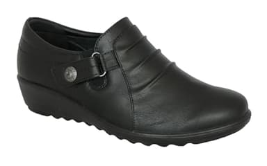 Cushion Walk Wide Fitting EEE Fit Shoes Women's Ladies Lightweight Black Faux Leather Slip-on Flats, Casual Work Office Comfort Shoes, with Button and Ridge Detail (6 UK, Black)