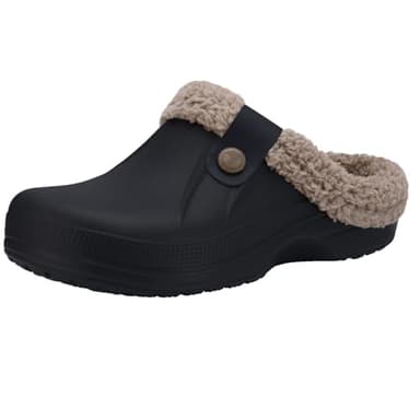 Classic Fur Lined Clog Waterproof Winter House Slippers for Women, Black + Khaki Women Size 5.5-6.5