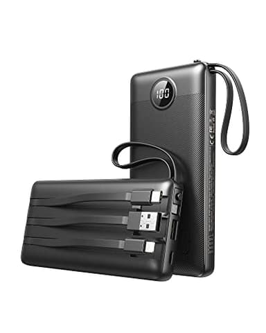 VEEKTOMX Power Bank 10000mAh, Portable Charger with Built-in Cables, USB C External Battery Pack with 5 Outputs and LED Display for iPhone, iPad, Samsung Galaxy and More (10000mAh-Black)