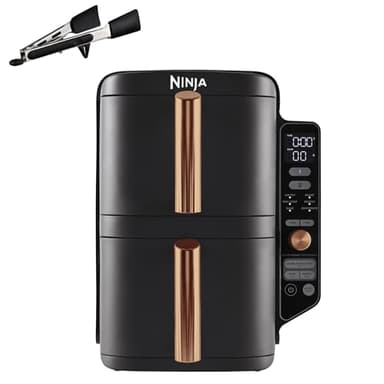Ninja Double Stack XL Air Fryer, Vertical Dual Drawer Air Fryer with 4 cooking levels, 2 Drawers & 2 Racks, Space Saving Design, 9.5L Capacity, 6 Functions, 8 Portions, Tongs, Black/Copper SL400UKCP