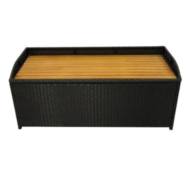 Panana Rattan Garden Storage Box, Deck Bench with Wood Lid, Zippered Inner Liner, 120x50x50cm Patio Wicker Chest Organiser Furniture for Cushions Tools Toys, Outdoor Seating Organizer Black
