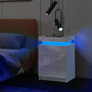 LEMROE Bedside Table with 3 Drawers, White Gloss Front Bedside Table with LED Lights Bedroom Cabinet Storage Nightstand for Bedroom