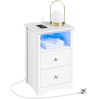 Yaheetech Bedside Table with LED Lights, Bedside Cabinet with 2 Charging Station and 2 USB Ports,Modern Side Table with 2 Drawers and Open Cupboard for Bedroom Living Room Office,White