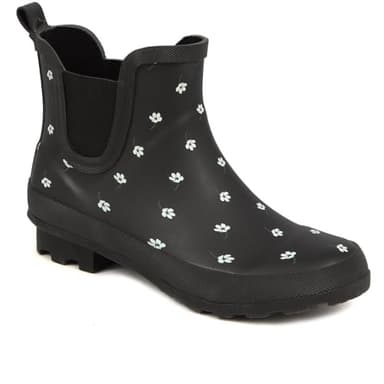 Pavers Women's Chelsea Wellie Boots in Black Floral - Wellington Rain Shoes with Mesh Panel - Comfortable Ladies Casual Footwear - Size UK 7 / EU 40
