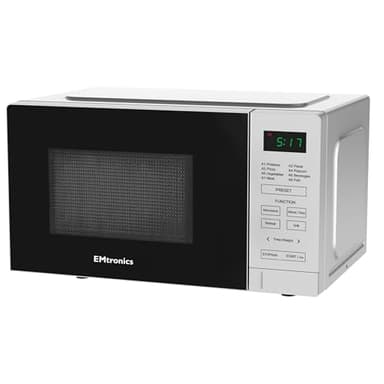 EMtronics 20 Litre 700W Digital Microwave with 800w Grill, 10 Power Levels, 8 Preset Options, Defrost Function and Cavity Light - Silver
