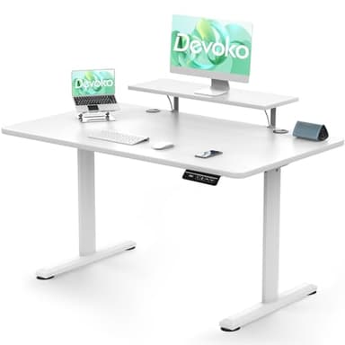 Devoko Electric Standing Desk 120 x 60cm, Height Adjustable Standing Desk with Monitor Stand, Stand Up Table for Home Office with 2 Memory Smart Pannel and Anti-Collision System (White)