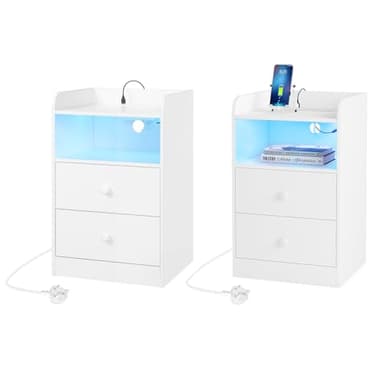 WOLTU Set of 2 Bedside Table with Charging Station & LED Lights, 2 Sockets & 2 USB Ports, Bedside Cabinet with 2 Drawers and 1 Open Compartment, Chest of Drawers Nightstand for Bedroom, NTS07ws-2