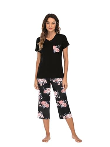 Famulily Cropped pyjamas for women Supersoft V Neck Pyjamas Sets Short Sleeve Sleep V Neck Tee and Comfort Cropped Pant 2 Pieces with Elastic Black XL