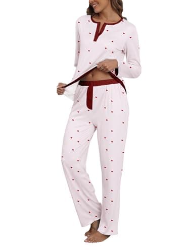 Famulily Lounge Sets for Women 2 Piece Printed Sleepwear Henley Neck Pjs Long Sleeve Pajamas Suit White XL