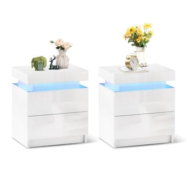 TUKAILAi Set of 2 White Bedside Table with 2 Drawers and Top Storage, Modern Gloss Front Bedside Cabinet with LED Lights Nightstand for Bedroom Living Room