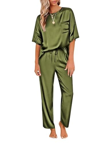Ekouaer Womens Silk Pyjamas Loungewear Set Satin Pyjamas for Women Silky Pajama Set Short Sleeve Shirt with Long Pant Set Soft PJ, Army Green, L