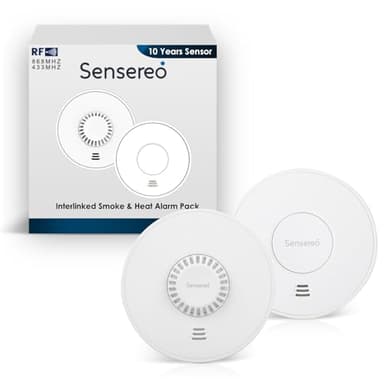 Sensereo Smoke and Heat Alarm,10-Year Sealed-Battery Life Smoke Alarm, Interlinked Smoke and Heat Alarm Bundle for Home, (1 Smoke & 1 Heat)