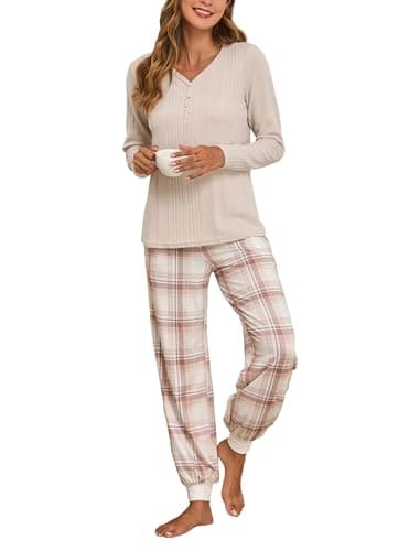 Famulily Women Matching Pajama Set Soft Ribbed Long Sleeve Top with Jogger Pants 2 Piece Sleepwear Beige L