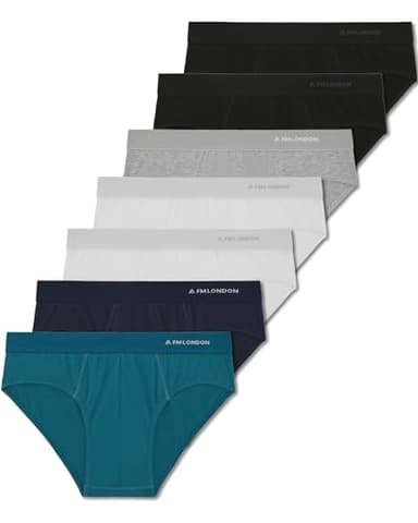 FM London 7-pack Essentials Mens Briefs - Tagless, Cotton Rich, Modern Mens Underpants with Anti-roll elasticated Waistband, Multicolour, M