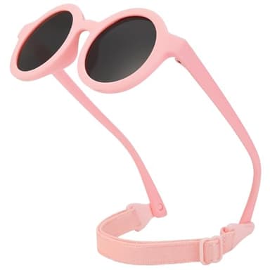 CIKJUK Baby Sunglasses Polarized with Adjustable Strap Round Soft Frame for Newborn Infant Girls Boys Sunglasses Baby 0-36 Months-Pink/Black