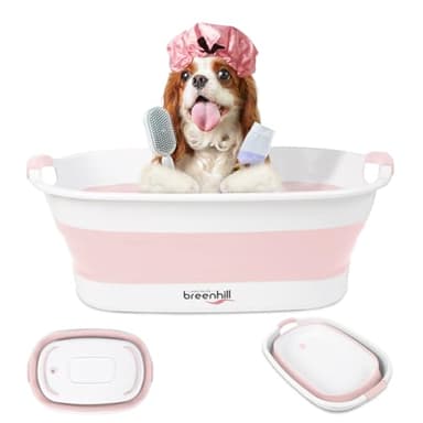 BREENHILL Collapsible Pet Bathtub with Water Drain Plug, Small Pets Portable Bath Tub for Puppy Small Dogs Cats, Portable & Space Saving Design, Pink