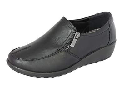 Cushion Walk Wide Fitting EEE Women's Ladies Lightweight Black Faux Leather Slip-on Flat Zip Shoes, Flats, Casual Work Office Comfort Shoes (4 UK, Black)