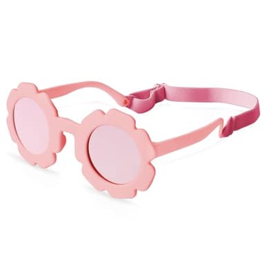 sesameless Baby Sunglasses with Strap,Flower Sun Glasses for Toddler Age 0-4,Flexible Polarized Sunglasses UV Protection (LightPink)