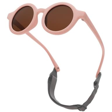 LOJUDI Baby Sunglasses 0-24 Months - with Strap Polarised Cute Round for Newborn Infant Toddler Sunglasses Baby Girls Boys-Pink Frame