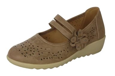Cushion Walk EEE Fitting Wide Fit Women's Ladies Lightweight Faux Leather Mary Jane Low Wedge Bar Shoes (7 UK, Beige)