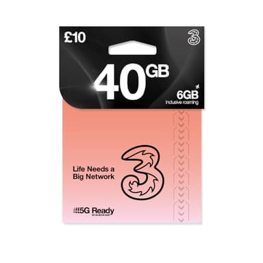 THREE 4G/5G SIM Card UK & ROAM FREE in over 70 destinations - PREPAID PAYG £10 Bundle - 20GB + (20GB FREE DATA) Unltd Texts & Mins - ROAMING ALLOWANCE 6GB