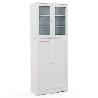 GiantexUK Tall Storage Cupboard, Kitchen Cabinet with Glass Doors, Shelves, Door Racks & Anti-Toppling Kit, Freestanding Buffet Sideboard for Home Dining Living Room Coffee Shop (White)