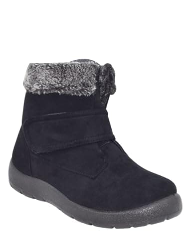 Chums Ladies Wide Fit Touch Fasten Mock Suede Boot EE Fit Thermal Lined with Cosy Fur Trim Easy Touch Fastening Black 6
