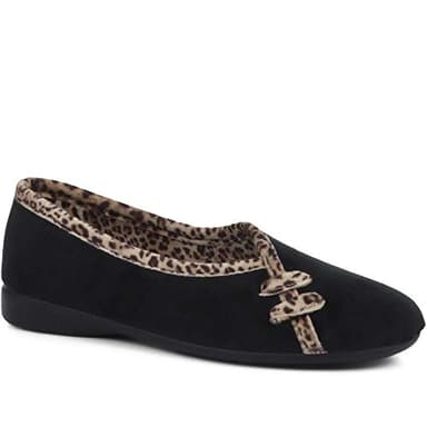 Pavers Women's Slippers in Black with V-Cut Shaped Toe - Leopard Printed Ladies Home Shoes - Comfort Secure Fit Casual Footwear - Size UK 7 / EU 40