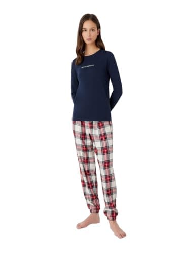 Emporio Armani Women's Emporio Armani Women's Tartan Christmas Viscose Pyjama set, Check Cream/Navy/Ruby, M UK