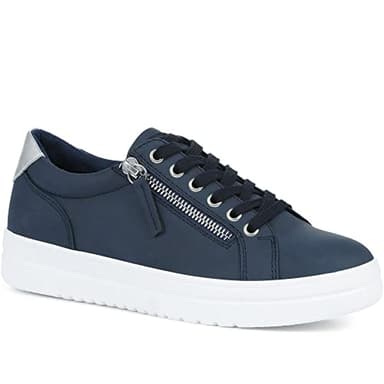 Pavers Ladies Supportive Lace-Up Fashion Trainers in Navy with Chunky Platform Sole and Faux Leather - Side Zip Casual Flat Shoes - Size UK 5 / EU 38