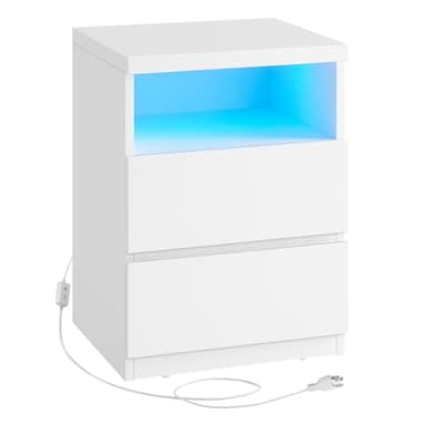 VASAGLE Nightstand with Adjustable LED Light, Bedside Table with Drawers, Side Table, for Bedroom, Living Room, Modern Minimalist Style, White LET634W02