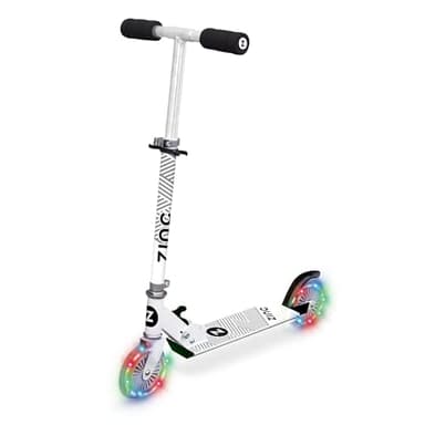 Zinc Two Wheeled Rider Kids Scooter for Ages 3+ – Folding 2-Wheel Kick Scooter with Light Up Wheels, Lightweight, Height Adjustable, Anti-Slip Footplate, Rear Footbrake, Soft Touch Foam Grips, White