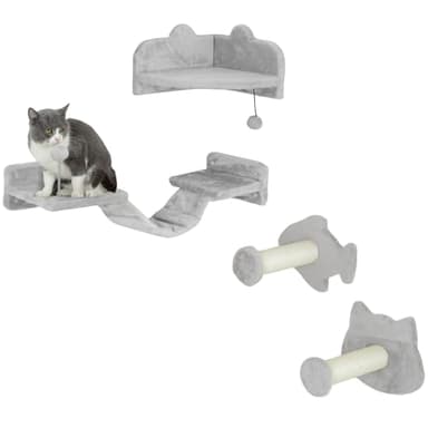 PawHut Cat Wall Shelves, 4 Piece Wall-Mounted Cat Tree with Steps, Ladder, Jumping Platforms, Scratching Posts, Toy Ball, Cat Wall Furniture for Indoor Cats, Light Grey