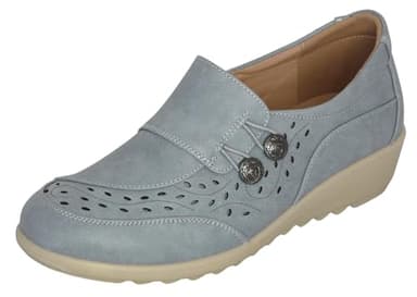 Cushion Walk Women's Ladies EEE Fitting Wide Fit Lightweight Slip-on Faux Leather Low Wedge Shoes, Casual Comfort Shoe (6 UK, Blue)